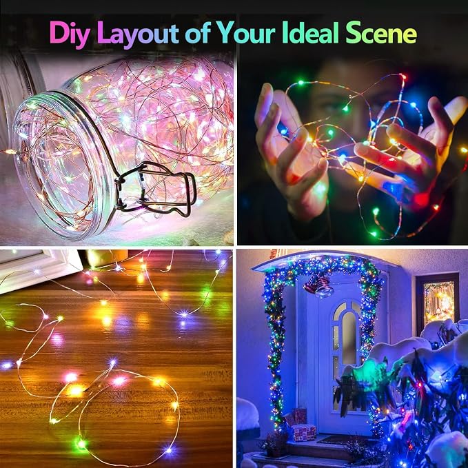 2 Pack 200 LED Fairy Lights Battery Operated with Remote, 66 FT Multicolor | Cuttable, 8 Modes, Memory, Dimmable, Waterproof Battery String Lights with Timer for Indoor Outdoor, Christmas Decorations