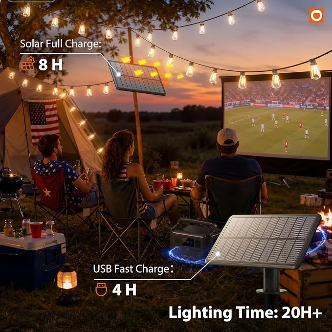 addlon 72FT Solar String Lights Waterproof with Remote & USB, Patio Lights | Solar Powered with Dimmable LED Shatterproof Bulbs, Outdoor Lighting for Camping Backyard Garden