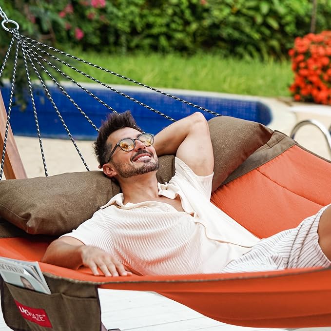 Lazy Daze Hammocks 12 FT Quilted Fabric Hammock with Curved Aluminium Spreader Bar, Double Hammock for Outside with Soft Pillow & Side Pocket 450 Lbs Capacity, Orange