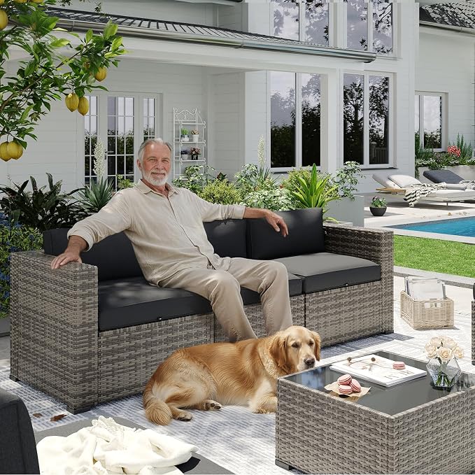 Aoxun Patio Furniture Sets, 15-Piece Outdoor Patio Furniture with 44'' Propane Gas Firepit Table, Wicker Outdoor Conversation Set Sectional Sofa for Backyard, Poolside