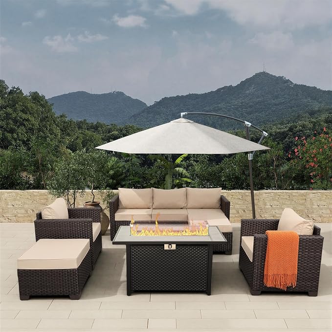 Rattan Star Patio Furniture Set 6-Piece Outdoor Furniture Set with 45'' Propane Gas Fire Pit Table Outdoor Conversation Set Wicker Sofa Set Non-Slip Cushions Waterproof Covers, Khaki