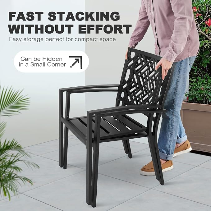 NUU GARDEN 5 Piece Patio Dining Set for 4 with Stackable Chairs | 37" square table with umbrella hole and 4 stackable metal chairs featuring slatted seats and backs for outdoor dining