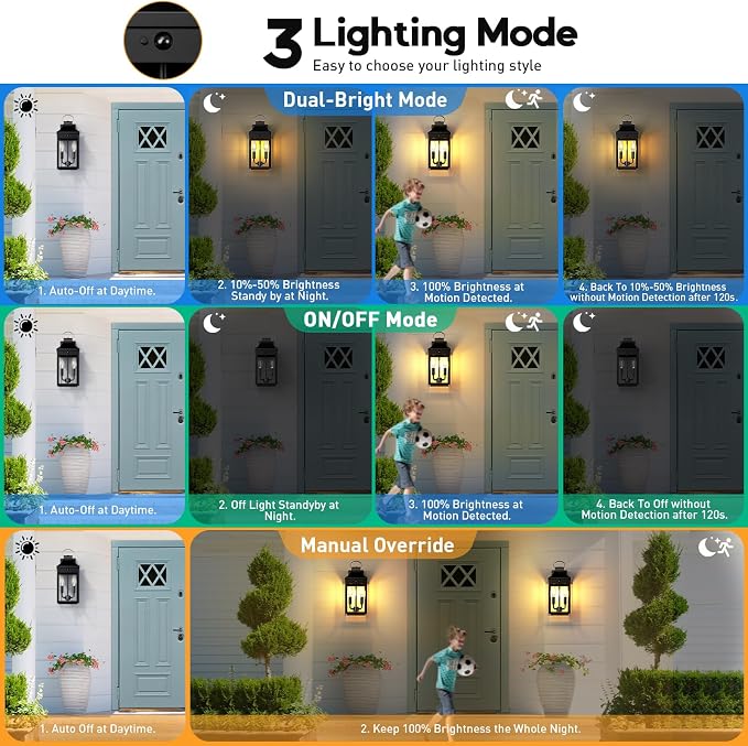 15.5'' Motion Sensor Outdoor Wall Light, Dusk to Dawn Outdoor Lighting | Large Black Modern Sconces Lantern Porch Lights, Exterior Lighting Fixtures with E12, Outside lights for House, 3 Modes