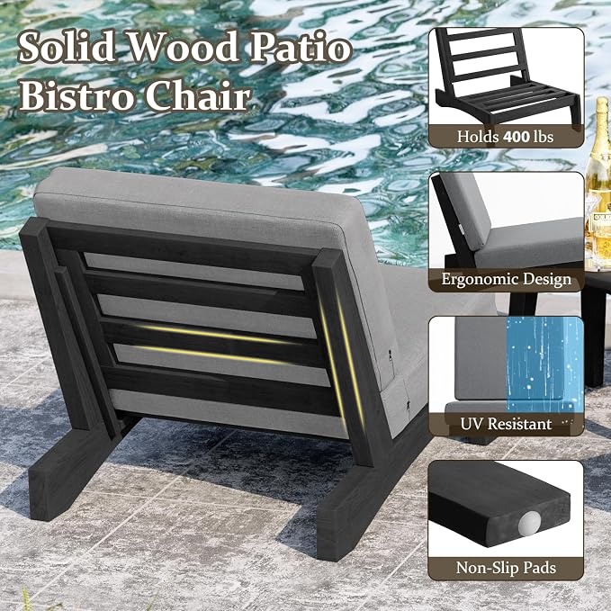 Pia Ricoo 3 Piece Patio Bistro Set with Patio Chairs and Table, Heavy Duty Wood Patio Furniture Set, All-Weather Outdoor Chairs for Balcony, Deck, Poolside, Porch - Gray/Dark