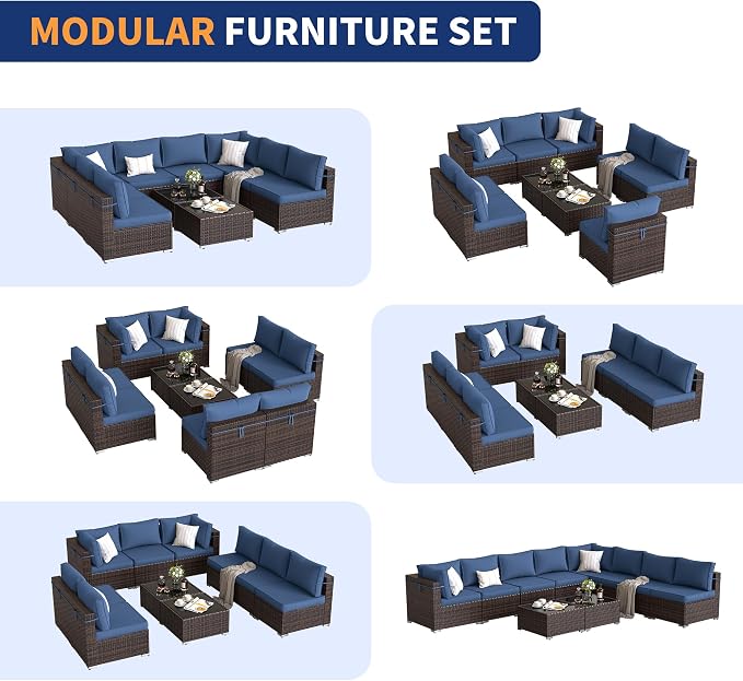 Patio Furniture Set, Modular 10-Piece Patio Conversation Sets with Coffee Table, All-Weather Wicker Outdoor Sectional for Backyard and Balcony, Navy (Waterproof Covers Included)