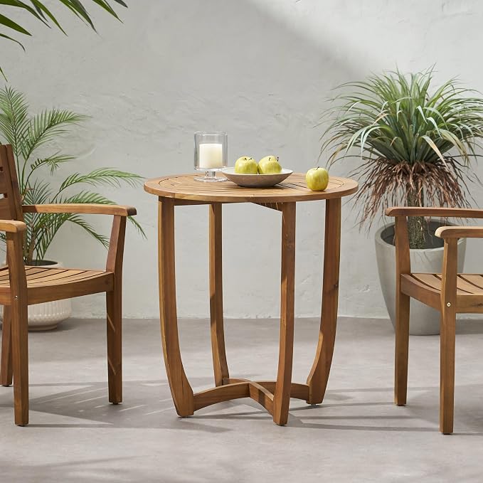 27.5" Round Acacia Wood Outdoor Side Table | Weather Resistant Teak Finish Patio Accent End Table, Small Coffee Table for Backyard Porch Lawn Garden