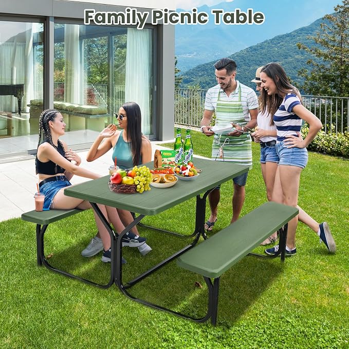 Picnic Table, Camping Portable Picnic Table Bench Set for 4 Persons, Heavy-Duty Steel Frame & Resin Tabletop, All Weather Outdoor Picnic Tables for Patio Travel BBQ Party Garden (Green)
