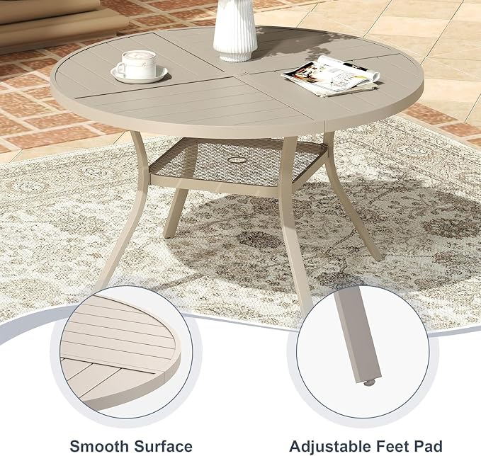 VICLLAX 7 Pieces Patio Outdoor Dining Set, 47.2" Round Metal Table with Umbrella Hole and Storage Shelf, 6 Stackable Textilene Chairs for Patio, Lawn, Garden, Porch, Black/Sandshell