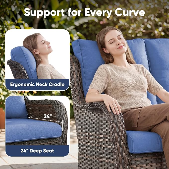 Belord 3-Piece PE Wicker Outdoor Sofa with 2 Ottomans, Luxury Patio Couch Convertible to Chaise Lounge, All-Weather High Back Deep Seat Woven Furniture for Deck, Porch - Brown/Blue