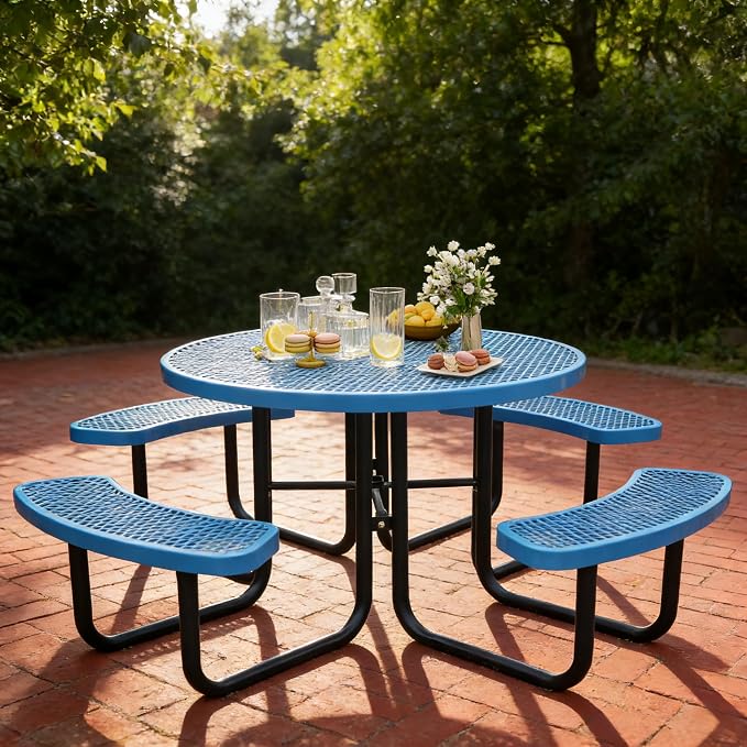 46" Round Picnic Tables for Outdoors,Commercial Metal Picnic Table Bench Set W/ Umbrella Hole,Restaurant School Canteen Tables W/Seats - Heavy Duty Sturdy Picnic Tables for Patio Garden Coffee Shop