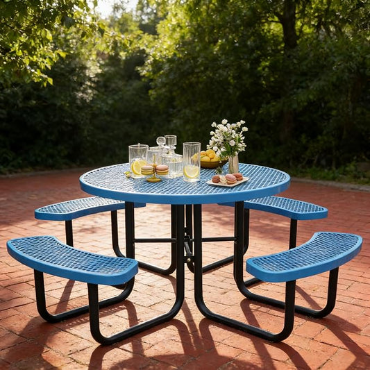 46" Round Picnic Tables for Outdoors,Commercial Metal Picnic Table Bench Set W/ Umbrella Hole,Restaurant School Canteen Tables W/Seats - Heavy Duty Sturdy Picnic Tables for Patio Garden Coffee Shop