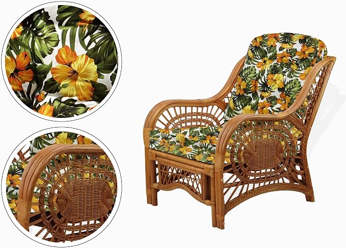 Malibu Lounge Set of 4: 2 Natural Rattan Wicker Chairs, Three-Seater Sofa with Cushions and Coffee Table with Glass Handmade, Colonial Color