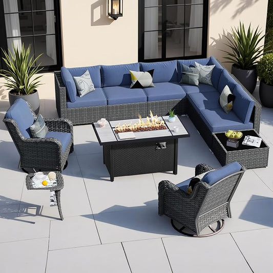 HOOOWOOO Outdoor Patio Furniture with Fire Pit Set 11 Pieces Patio Set with Fire Pit Wicker Outdoor Furniture with Fire Pit Table Set Patio Sectional Set with Swivel Chairs,Denim Blue