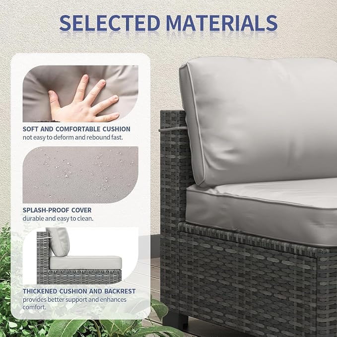 7 Piece Patio Furniture Set, All-Weather PE Wicker Sectional Sofa with Tempered Glass Coffee Table - Outdoor Conversation Set for Poolside, Garden, Porch in Grey + Light Grey