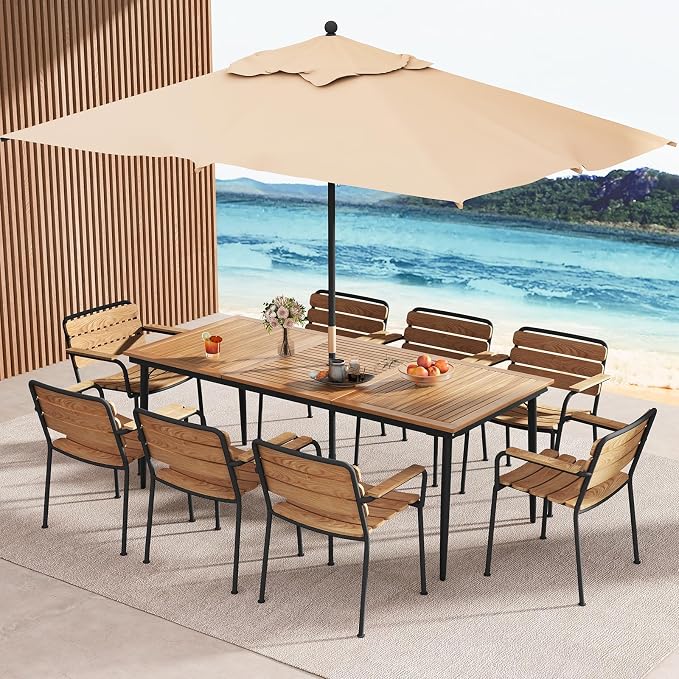 Tangkula 79" Acacia Wood Outdoor Dining Table for 8, Large Rectangular Patio Table with 1.9" Umbrella Hole, Metal Frame & Foot Pads, 8-Person Outside Table for Garden, Poolside & Backyard