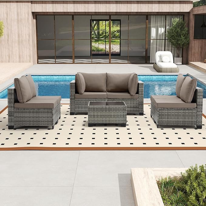 Bonzy Home 7 Pieces Outdoor Patio Furniture Set, PE Rattan Outdoor Sectional Furniture Sofa Set with Removable Cover and Glass Coffee Table, Patio Sofa for Balcony, Porch, Garden, (Grey-Khaki)