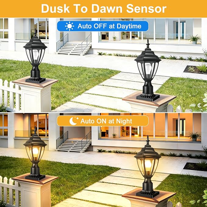 Lamomo Updated Large Size Dusk to Dawn Outdoor Post Lights, Waterproof Aluminum Lamp Post Light Fixture, Lamp Posts Outdoor Lighting Pole Lantern for Yard Patio Pathway Garden