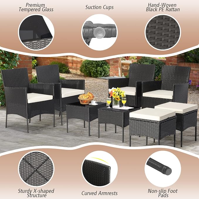Tangkula 8 Piece Wicker Sofa Set, Patiojoy Outdoor Rattan Sofa Set w/2 Coffee Tables & 2 Ottomans, Rustproof Metal Frame, Soft Seat Cushions, Patio Wicker Conversation Set for Backyard, Poolside