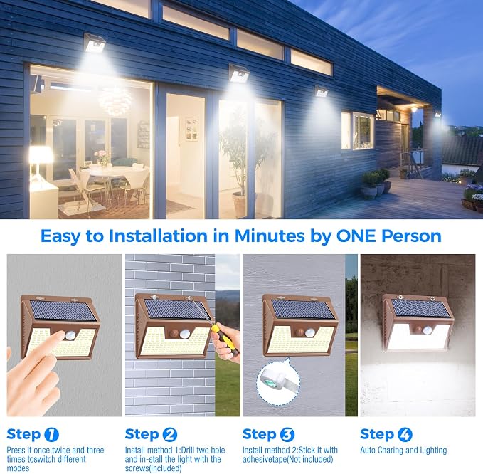 Solar Lights Outdoor Waterproof [12 Packs/140 LEDs], 3 Lighting Modes Solar Motion Sensor Light Outdoor, Ultra Bright Security Lights Outdoor Solar Lights for Outside Fence Patio Deck[Brown]