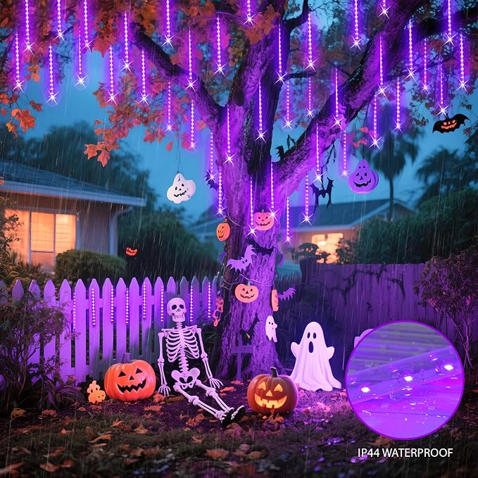JMEXSUS Solar Halloween Lights Outdoor Purple Solar Lights | 8 Tube 144 LEDs, Solar Meteor Shower Lights for Halloween Tree Fence Eaves Patio Yard Holiday Party Decor