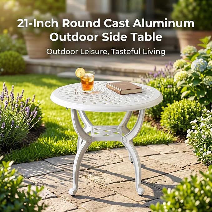 Round Outdoor Coffee Table, Cast Aluminum Side Table with Storage,Indoor End Table, All-Weather Bistro Table for Patio Garden Lawn,White