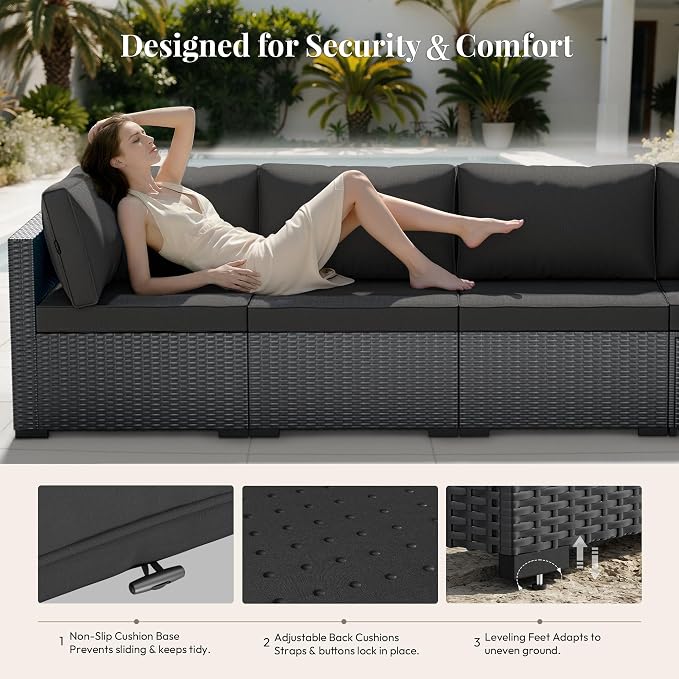WWR Patio Furniture Set 7 Piece - All-Weather - Wicker Rattan Patio Outdoor Conversation Set, Modular Sectional Sofa for Backyard, Garden, Poolside, Balcony, Porch, Patio, Black/Black