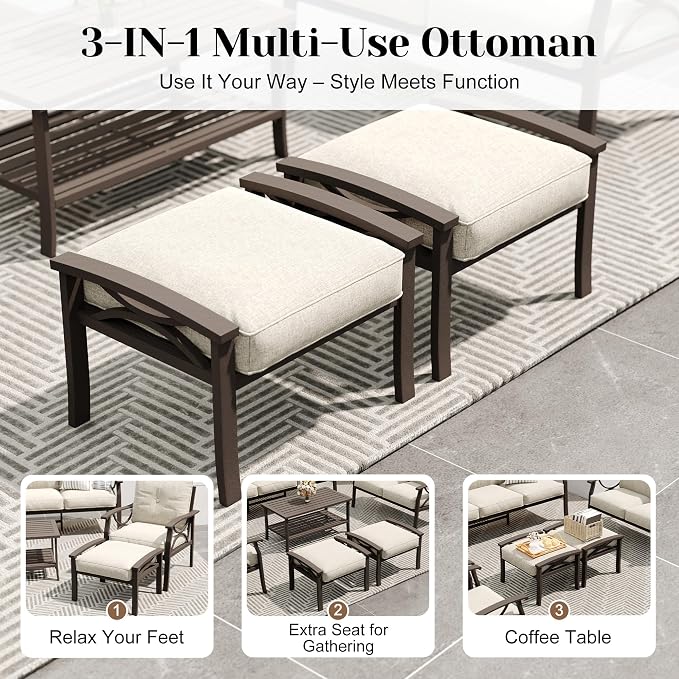 FansaFurn 8-Pieces Outdoor Patio Furniture Set, Outdoor Metal Sectional Furniture with Cushions, Outdoor Conversation Seating Set with Coffee Table for Garden, Balcony, Deck, Backyard, Khaki