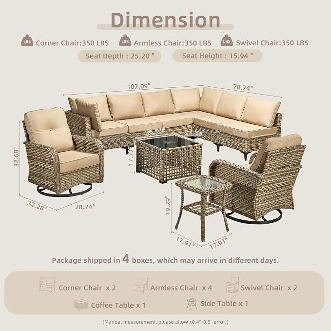 CAODOC Outdoor Sectional Patio Furniture Set,10 Pieces Wicker Conversation Sets L Shaped Couch,Out Door Sofa Outside Furniture with Swivel Chairs,Beige
