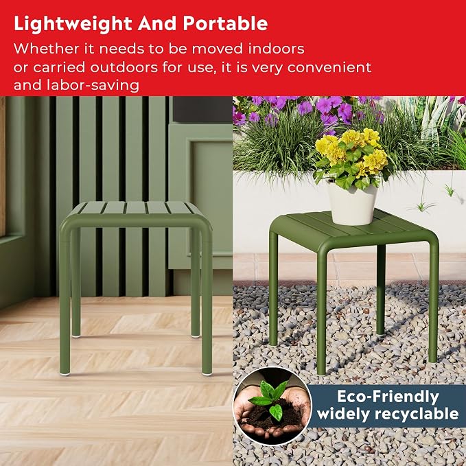 Costaelm Sunshine Plastic Modern Outdoor Patio Accent Side Tables (Set of 2), Olive Green