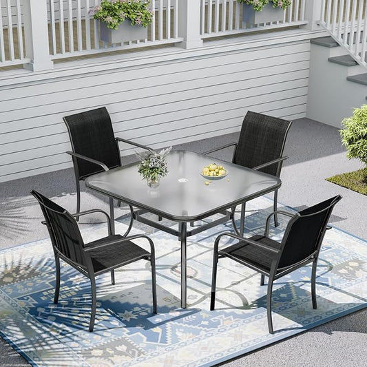 Outdoor Patio Set, 37" Square Glass Dining Table and 4pcs Stackable Chairs, All-Weather Patio Furniture Set with 1.7" Umbrella Hole for Garden Backyard Lawn Poolside
