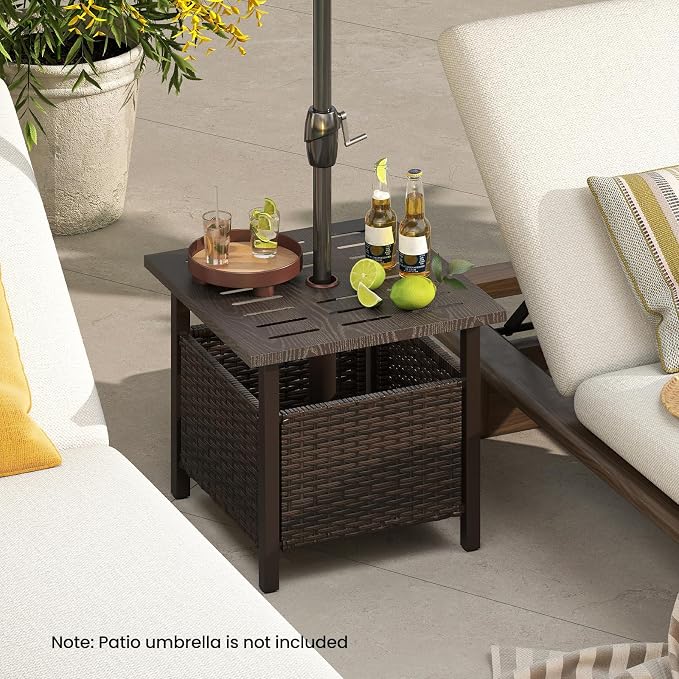 Tangkula Outdoor Side Table with 1.93" Umbrella Hole, All-Weather PE Wicker Patio Umbrella Table with Rustproof Frame for Garden, Deck and Poolside