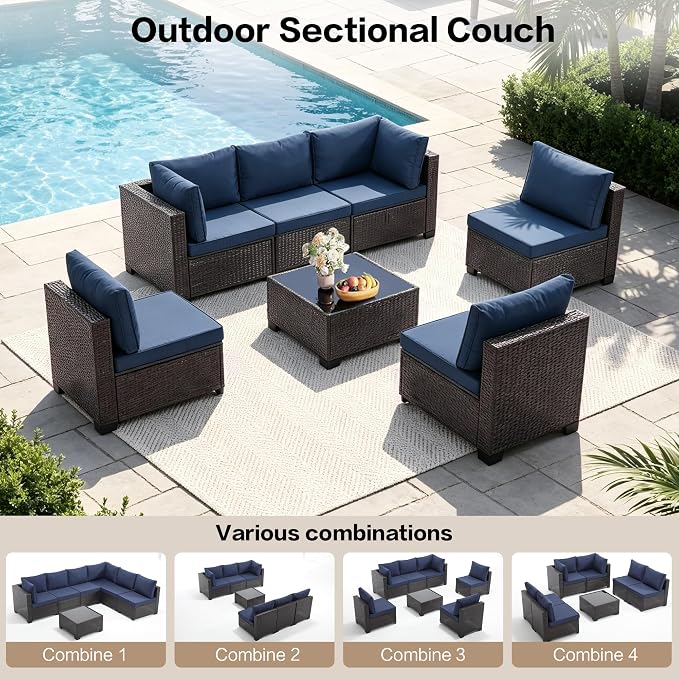 7 Pieces Outdoor Patio Furniture Set, Brown PE Rattan Weaving Sofa with Navy Blue Cushions and Steel Frame, Coffe Table Included, Outdoor Conversation Set
