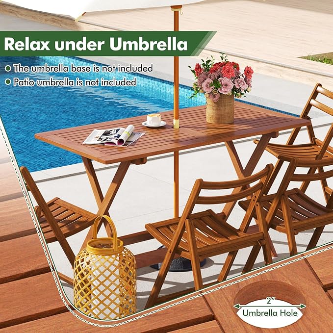 Tangkula 54.5-Inch Patio Dining Table for 6, Solid Wood Outdoor Table with Teak Painting & 2" Umbrella Hole, 6-Person Rectangular Outside Dining Table for Balcony, Deck, Porch, Backyard