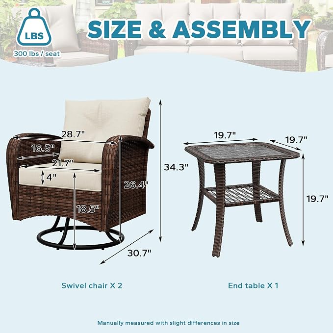 3 Pieces Conversation Furniture Set of Patio Swivel Rocking Chairs and End Table, Wicker Rattan Outdoor Set with Washable Cushions for Backyard, Poolside, Sunroom (Beige)