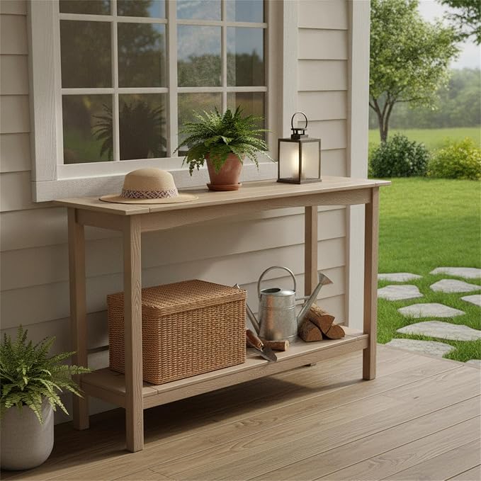Outdoor Console Table, All-Weather Patio Console Table, 2-Tier OutsidePlant Stand Table, Low Maintenance, Never Rot or Fade, HIPS Table for Indoor, Backyard, Garden, Entryway, Coffee