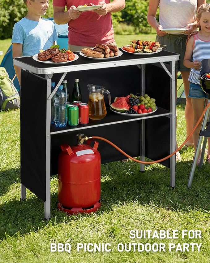 Outvita Portable Bar Table, Outdoor Folding Mobile Bar Counter with 2 Tier Shelves and Black Skirt for Wedding Party Birthday Commercial Activity Musical Festival 39 "L x 34" H