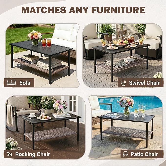 Sunset Escape Wicker Coffee Table, Rattan Rectangle Tea Table with Wood Grain Tabletop and 2-Tier Storage for Patio, Balcony and Garden, Black/Brown