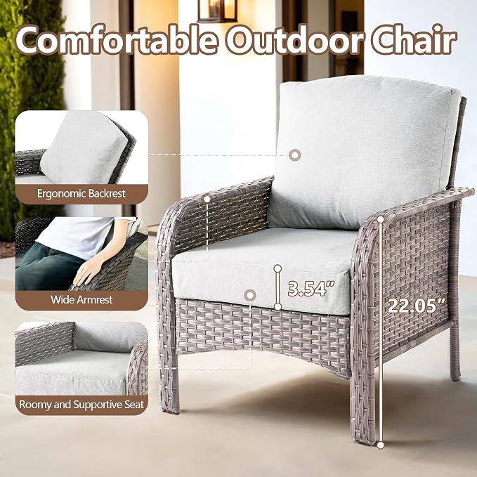 6 PCS Outdoor Patio Furniture Set with Glass Table, All-Weather Rattan Wicker Outdoor Conversation Set with Thickened Cushions for Balcony Backyard Garden Lawn,Grey
