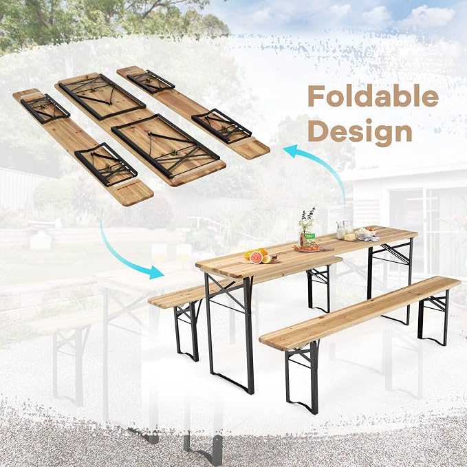 Goplus Foldable Picnic Table with Benches, 3-Piece 70” Portable Beer Garden Table with Sturdy Steel Frame, Folding Wooden Picnic Tables for Outdoors, Patio, Backyard