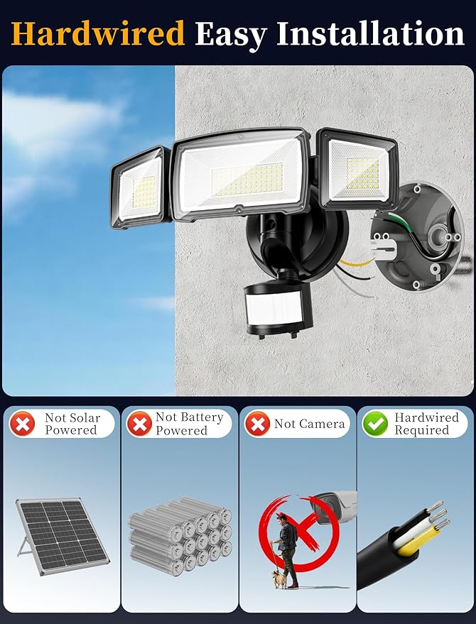 100W 11000LM Security Lights Outdoor with Remote Control, 6500K Daylight LED Flood Light, IP66 Waterproof, Dusk to Dawn, 3 Head Motion Detected for Garage, Yard