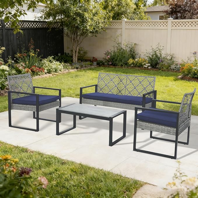 COOS BAY Haven Lounge 4 Piece Rattan Patio Furniture Set, Outdoor Wicker Patio Conversation Set for Balcony & Backyard, Light Gray/Blue