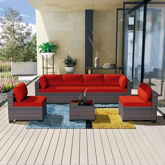PE Rattan Outdoor Patio Furniture 7 Piece Set with Handwoven Wicker Sofa Sectional, Tempered Glass Coffee Table and 6 Cushions, Backyard Conversation Set for Deck Garden Poolside Lounge