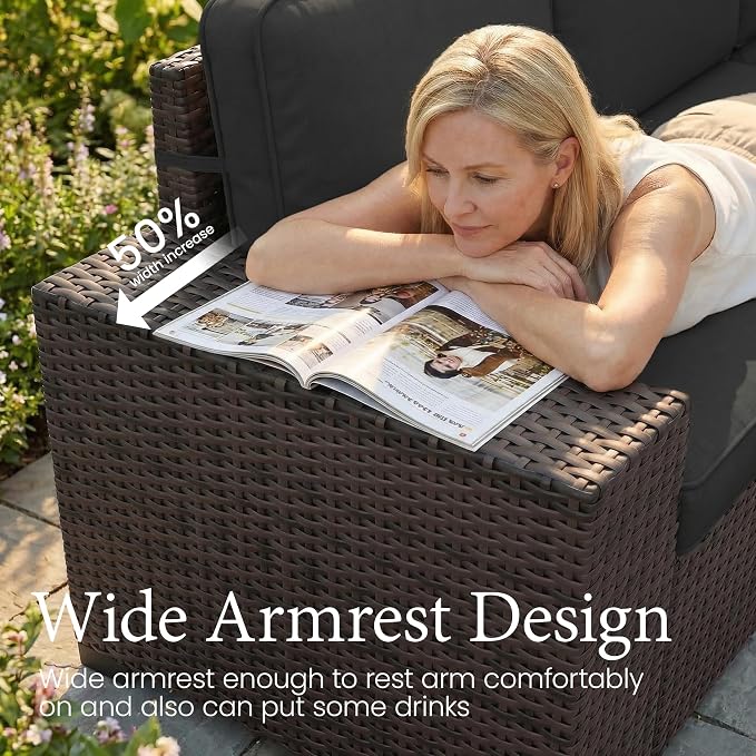 LayinSun 7 Pieces Outdoor Patio Furniture Set with 44" Fire Pit Table Brown Rattan Sectional Sofa Conversation Sets