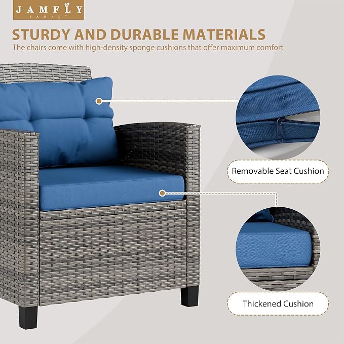JAMFLY 3 Piece Wicker Patio Furniture Set - Outdoor Rattan Conversation Set with Soft Cushions & Glass Coffee Table for Balcony, Porch, Small Backyard - All Weather Blue Bistro Set, Blue