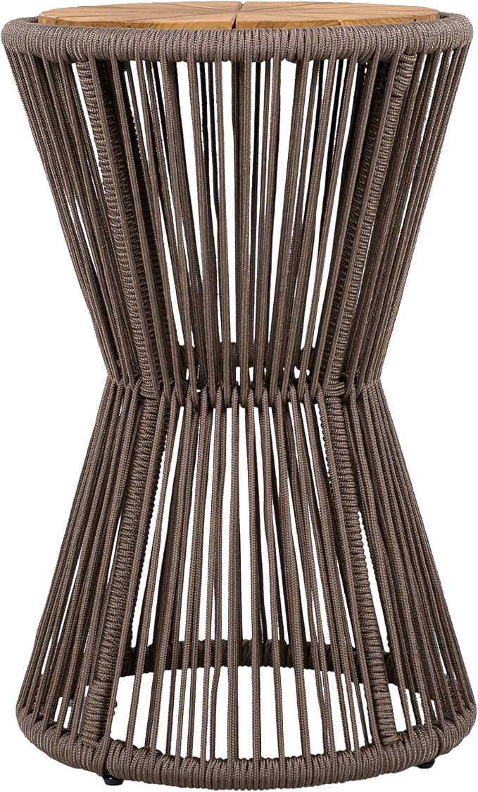 Merax Bohemian Round Outdoor Side Table with Acacia Wood Top and Dark Grey Handwoven Rope Base, Elegant Hourglass Design Patio Coffee Table for Garden, Pool, Balcony, Yard, 25.8" Height, No Assembly
