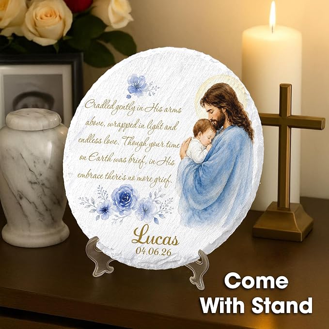 Personalized Miscarriage Garden Stone for Loss of Baby, Angel Baby Memorial Gift, Weatherproof Natural Slate Stone for Infant Loss Remembrance, Religious Grieving Sympathy Grave Marker Plaque