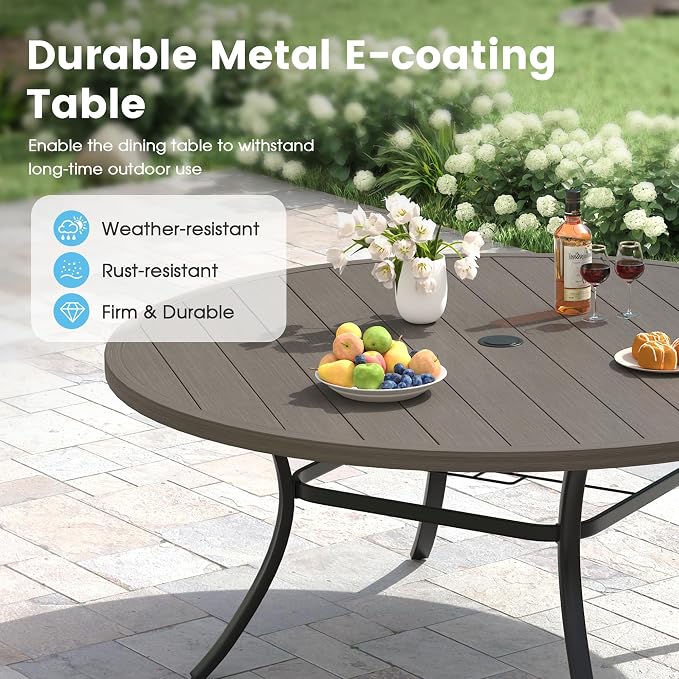 Patio Dining Table for 8-10, Round Metal Outdoor Table with 1.57" Umbrella Hole, 63" Outdoor Slat Tabletop Dining Table for Backyard, Porch, Lawn, Grey
