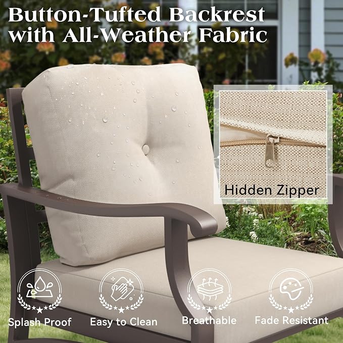 Outdoor Swivel Rocker Chairs w/2 Ottomans, Coffee Table, 5 Piece Metal Patio Conversation Bistro Set with 5" Thickened Cushions, Aluminum Frame for Porch, Backyard, Balcony, Beige