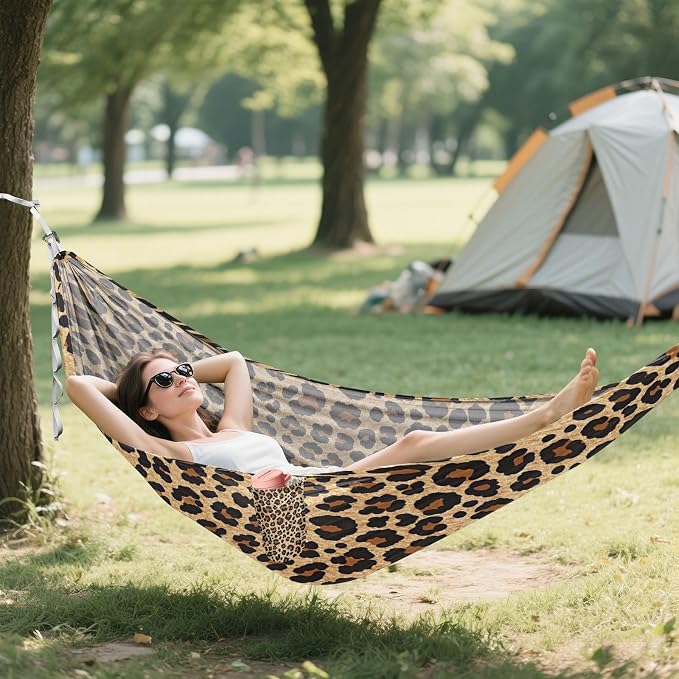 Brown Leopard Print Camping Hammock, Portable Lightweight Single Hammock with Tree Straps and Aluminum Carabiners, 114" x 54" Travel Hammock for Hiking Backpacking Beach