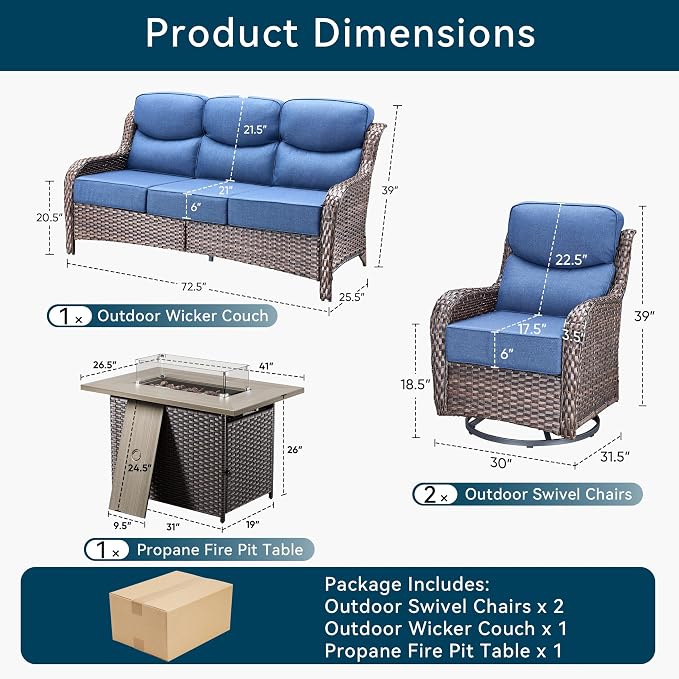Luxury Patio Furniture Set with Fire Pit Table-4 Pieces High Back Wicker Swivel Rocker Chairs with 6" Extra Thick Cushions, Outdoor Patio Conversation Sets for Garden Deck(Brown/Blue)